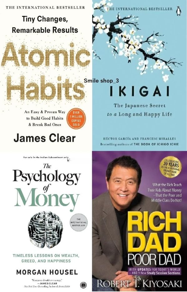 4 Book Set Rich Dad Poor Dad, The Psychology of Money, Atomic Habits+ Ikigai PB