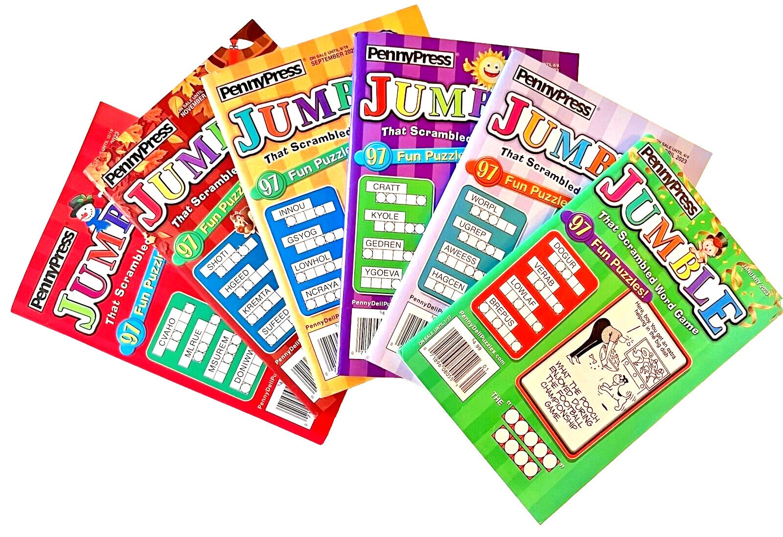 NEW Lot 6 Penny Press Dell Jumble Word Scramble Puzzle Books 97 Puzzles Each!