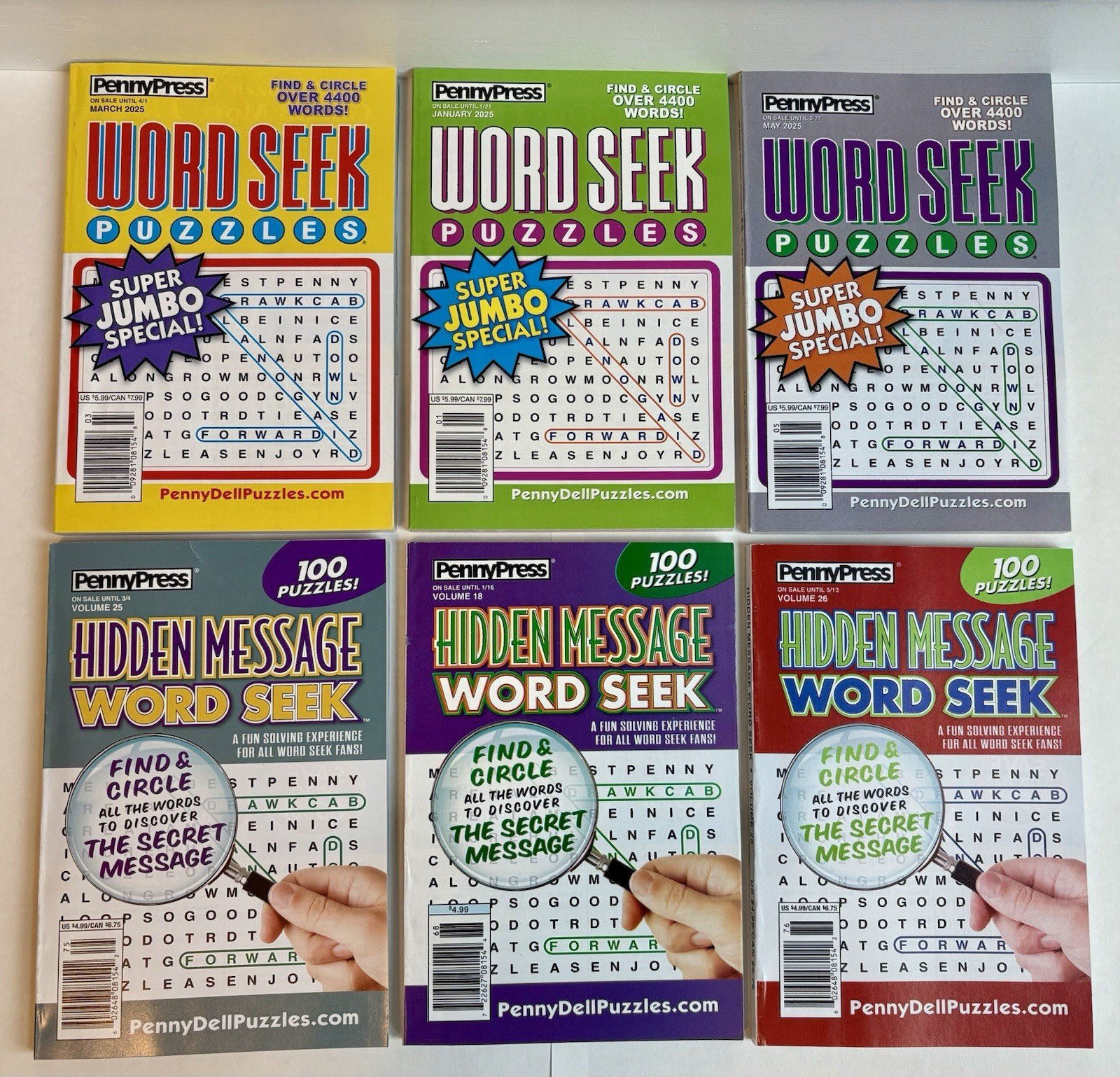 Lot of 6 New Penny Press Super Jumbo Mixed Word Seeks Search Puzzle Books