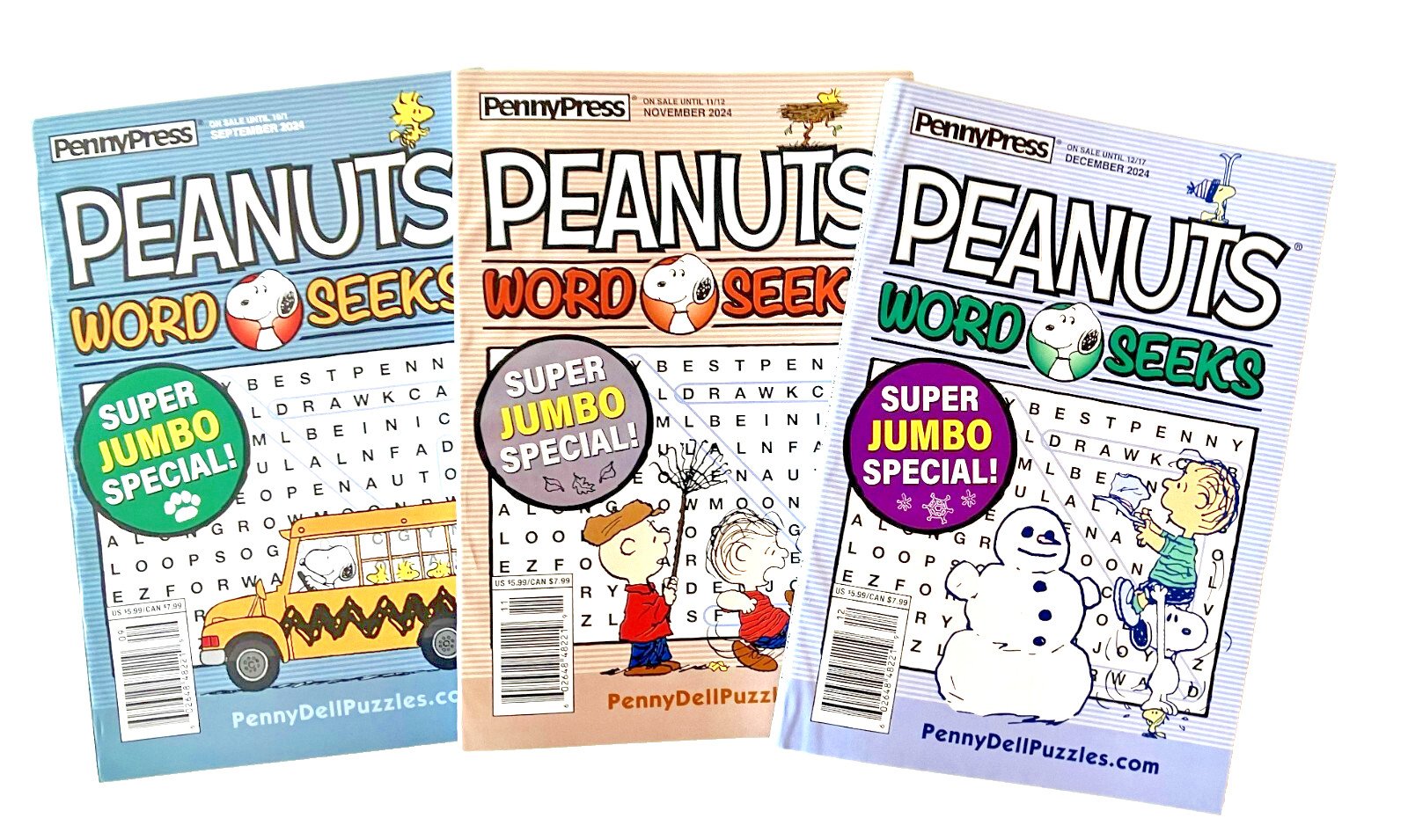 NEW Lot 3 Penny Press Peanuts Charlie Brown Word Search Seek Sept, Nov, Dec 2024