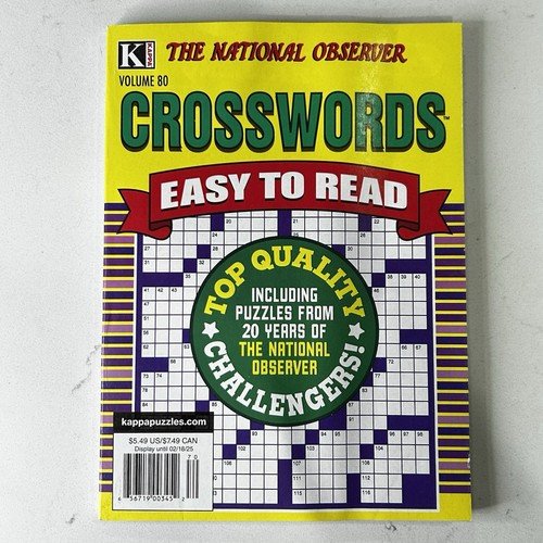 Kappa Crosswords Volume 80 The National Observer Easy to Read Puzzle Book