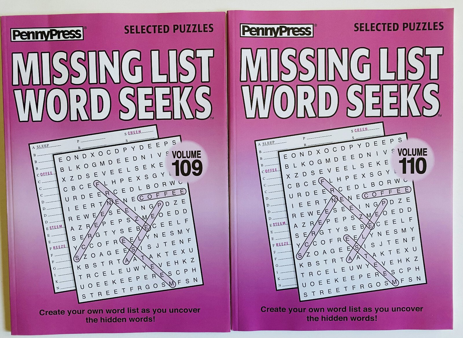 Lot of 2 Missing List Word Seek Search Find Puzzle Books Penny Press Vol 109-110