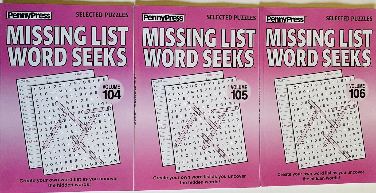 Lot of 3 Missing List Word Seek Search Find Puzzle Books Penny Press Vol 104-106