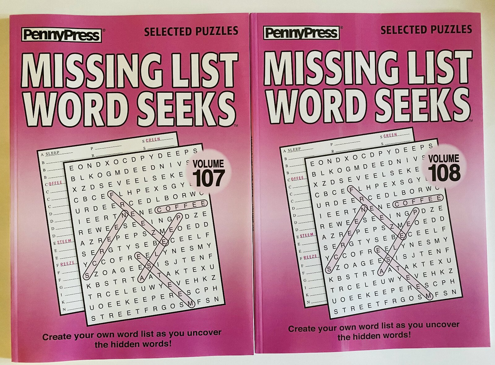 Lot of 2 Missing List Word Seek Search Find Puzzle Books Penny Press Vol 107 108