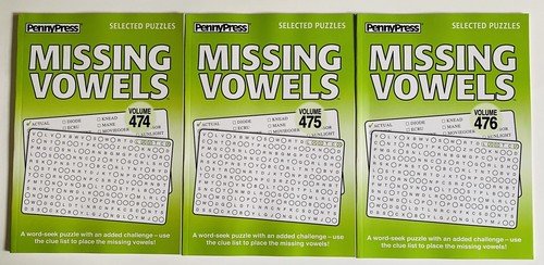 Lot of 3 MISSING VOWELS Word Search Seek Find Penny Press Puzzles Dell Variety x