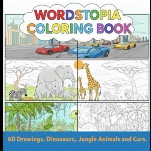 Wordstopia Coloring Book for Kids: 60 Fun Drawings of Fast Cars, Mighty Dinosaur