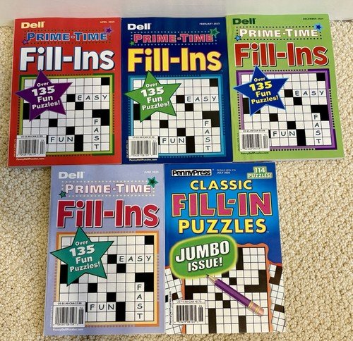 Lot Of Five (5) New Penny Press Classic & Dell Prime-Time Fill In Puzzle Books