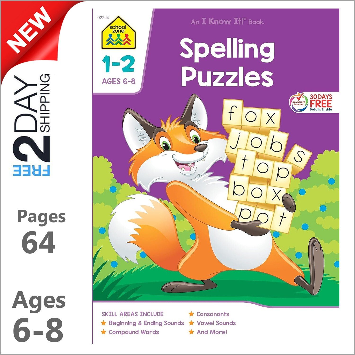 Spelling Puzzles Workbook for Kids Ages 6 to 8, 1st 2nd Grade Vowels Sounds NEW