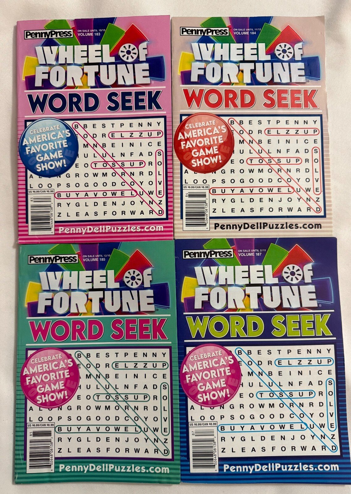 Lot (4) Penny Press Wheel Of Fortune Word Seek Puzzle Books 183,184,185,187