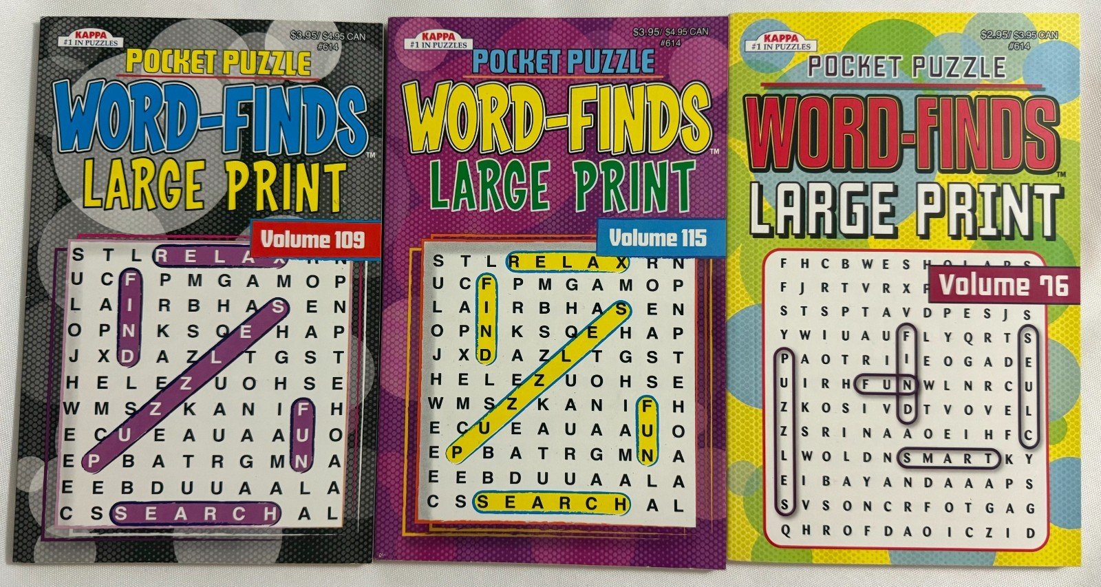 Lot Of (3) Kappa Pocket Puzzle Word-Finds LARGE PRINT Books Vol.  76, 109 & 115