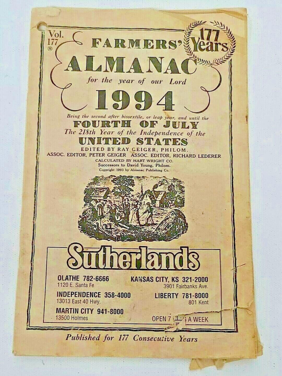 Farmer’s Almanac 1994 Book Weather Forecasts Events Vol. 177 years Season Puzzle