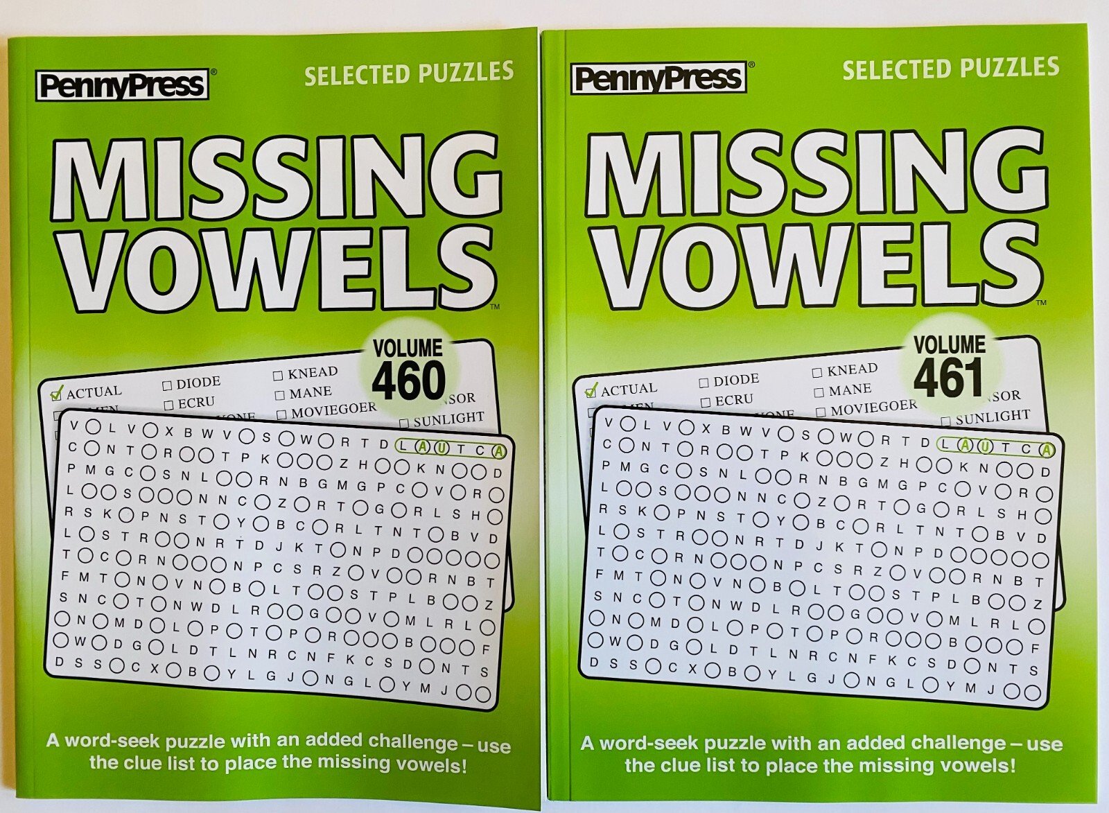Lot of 2 MISSING VOWELS Word Search Seek Find Penny Press Puzzles Dell Variety x