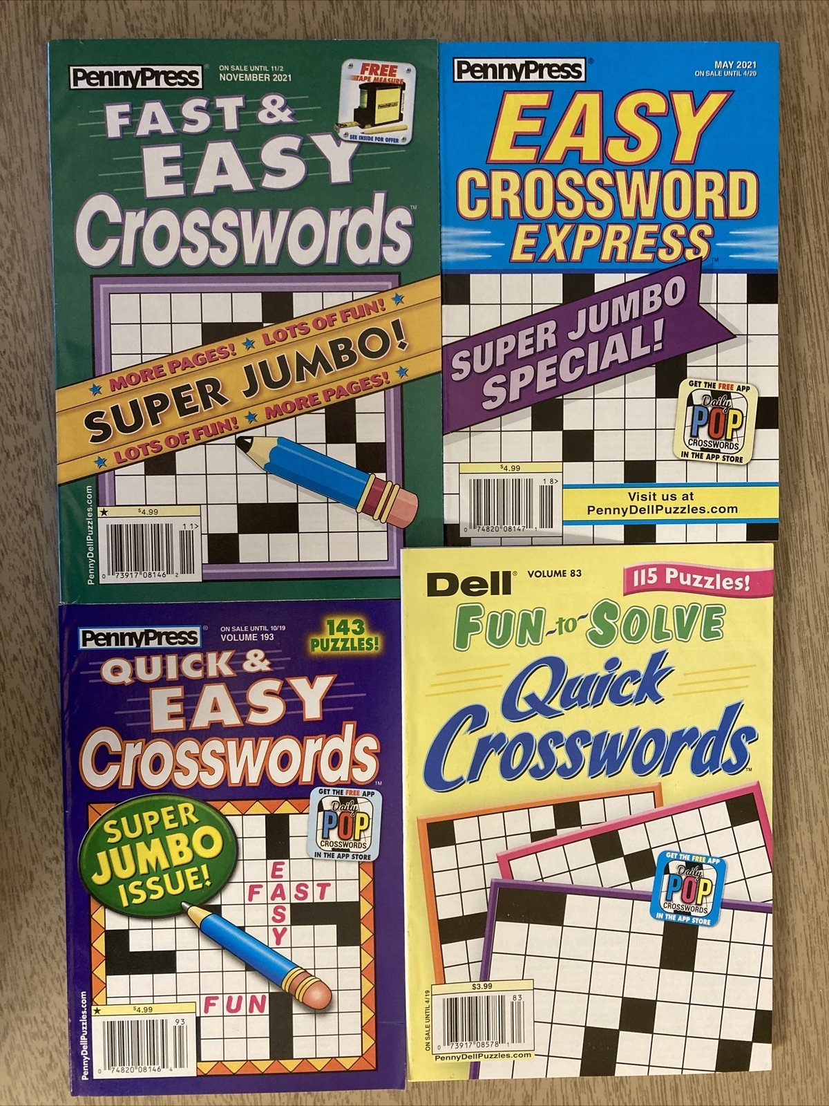 Lot of 4 Dell Penny Press ALL EASY CROSSWORD Puzzle Books FREE SHIPPING G26
