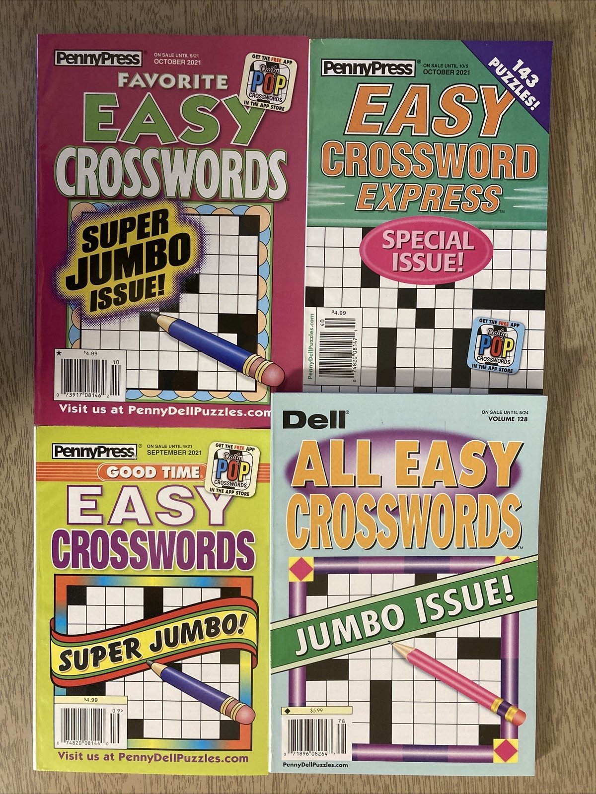 Lot of 4 Dell Penny Press ALL EASY CROSSWORD Puzzle Book FREE SHIPPING G12