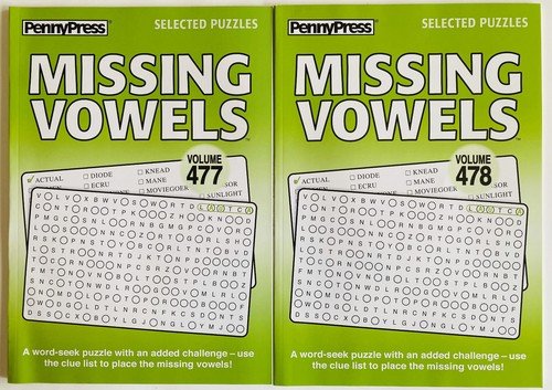 Lot of 2 MISSING VOWELS Word Search Seek Find Penny Press Puzzles Dell Variety x