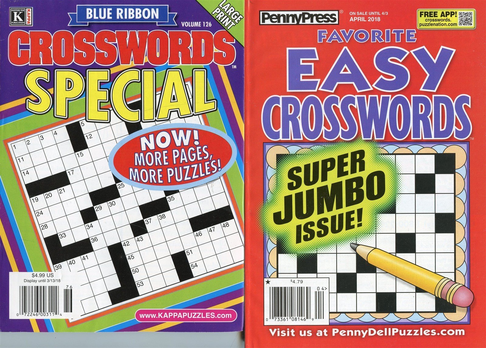 2 BOOKS PENNYPRESS EASY CROSSWORDS PUZZLES 2018 APR & KAPPA BLUE RIBBON VOL 126