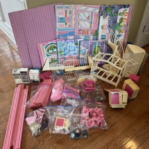 Barbie Dream House Dollhouse W/ Pink Plastic Furniture Accessories 1990s