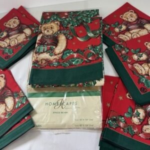 Homescapes Jingle Bears 60x104 Oval Tablecloth Christmas  Cotton 8 Napkins New