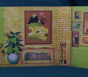 Barbie DREAM HOUSE Retro 60s LIVING ROOM BACKDROP w FIREPLACE DIORAMA PERFECT