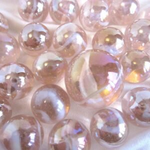 25 Glass Marbles JELLYFISH Pink/White Soap Bubble game vtg style Shooter Swirl